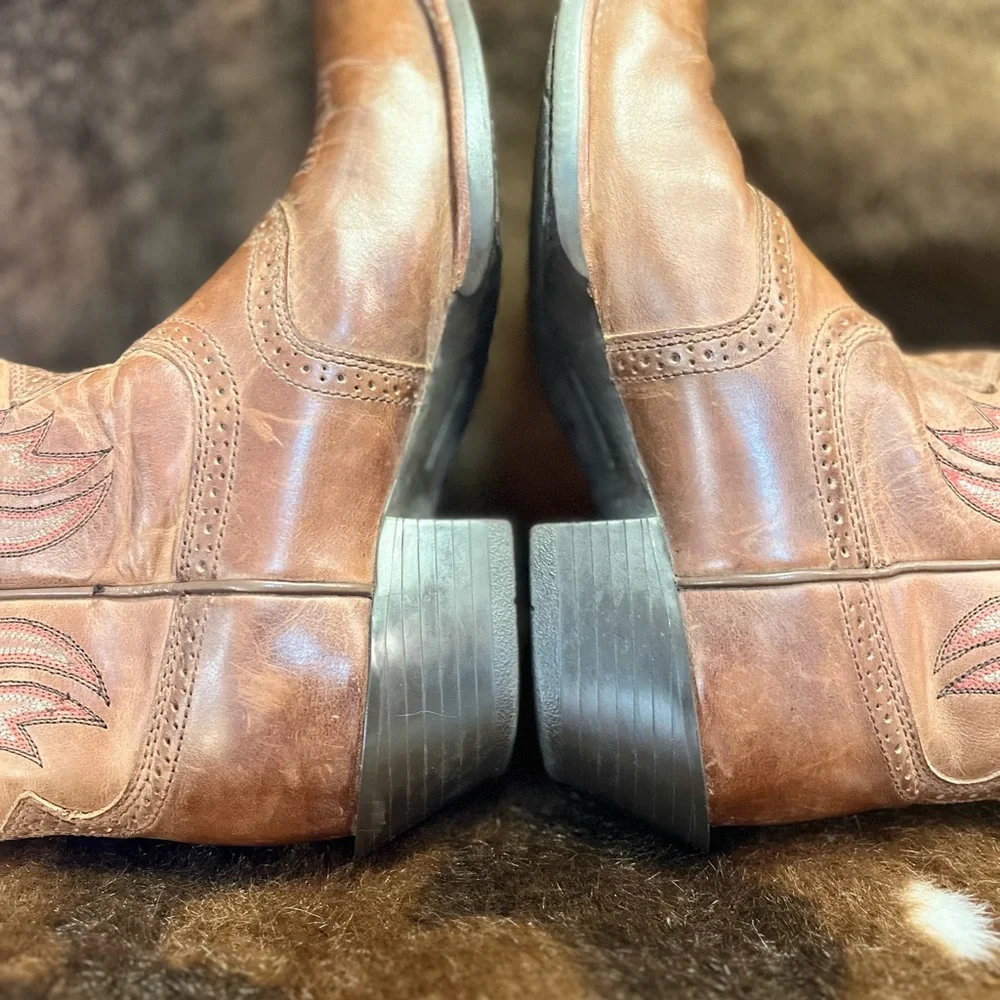 BROWN BOOTS SQUARE TOE RIDING HEEL LADY 8 MEN 7D ARIAT SPUR SHELF STITCH UNISEX - Picture 14 of 15
